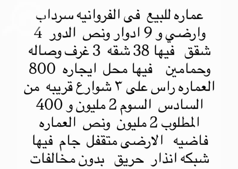 للبيع عمارة في الفروانيه الموقع راس 3 شوارع للاستفسار واتساب 96725110