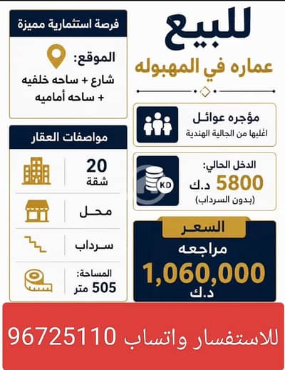 مجمع تجاري  للبيع في مهبولة، مدينة الكويت - للبيع عمارة في المهبوله المساحه 505 متر الموقع شارع + ساحه