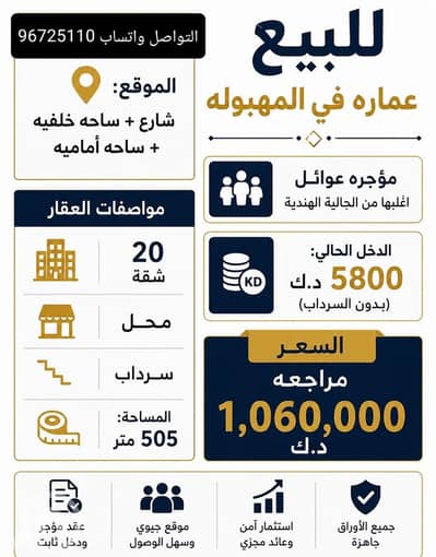 Commercial Building for Sale in Mahboula, Kuwait City - للبيع عمارة في المهبوله موقع مميز التواصل واتساب 96725110